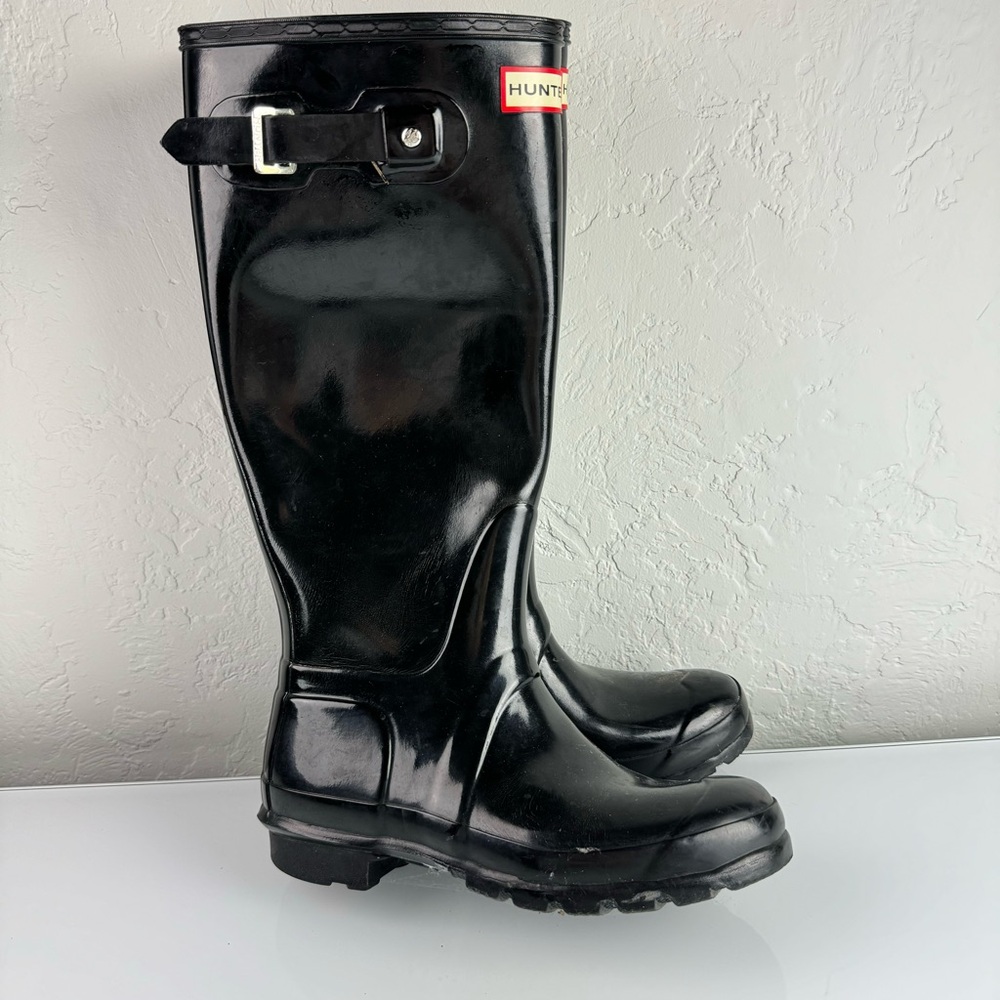 Hunter Boots Wellies Original Tall Gloss‎ Solid Black Shine Pull On Rain Water